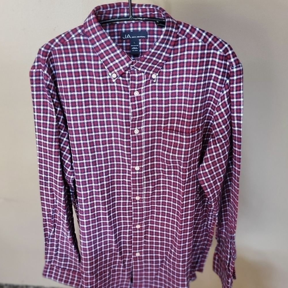 John Ashford JA Red Plaid Casual Button Down Sz L Shirt